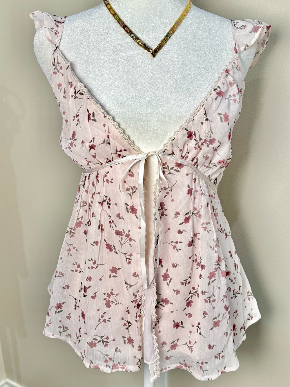 Floral Blush Pink Tie-Front Ruffle Coquette Women’s Large Summer Cami Tank